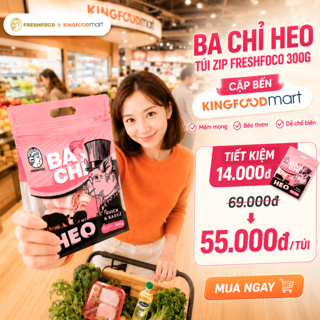 Ba Chỉ Heo Túi Zip FRESHFOCO 300G sắp đổ bộ Kingfoodmart - Giá chỉ 55.000đ
